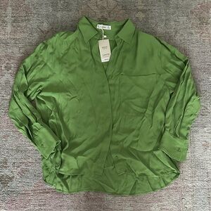 Mango Olive Green Button-Down Silk Blouse